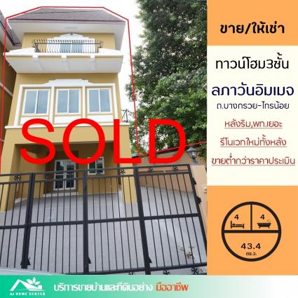 ขาย/ให้เช่าทาวน์โฮม3ชั้น 43.4 ตารางวา ม.ลภาวันอิมเมจ บางบัวทอง หลังริม รีโนเวทใหม่ ต่ำกว่าราคาประเมิน